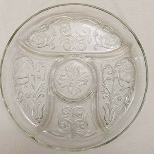 Glass Divided Serving Platter vegetable & dip Plate 11.5" EUC 5 sections flowers